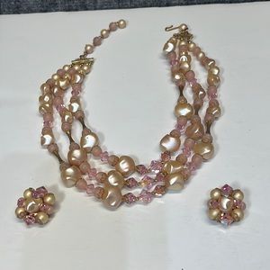 Vintage Pink Lucite Plastic Pearls Beaded three strand Necklace and earrings